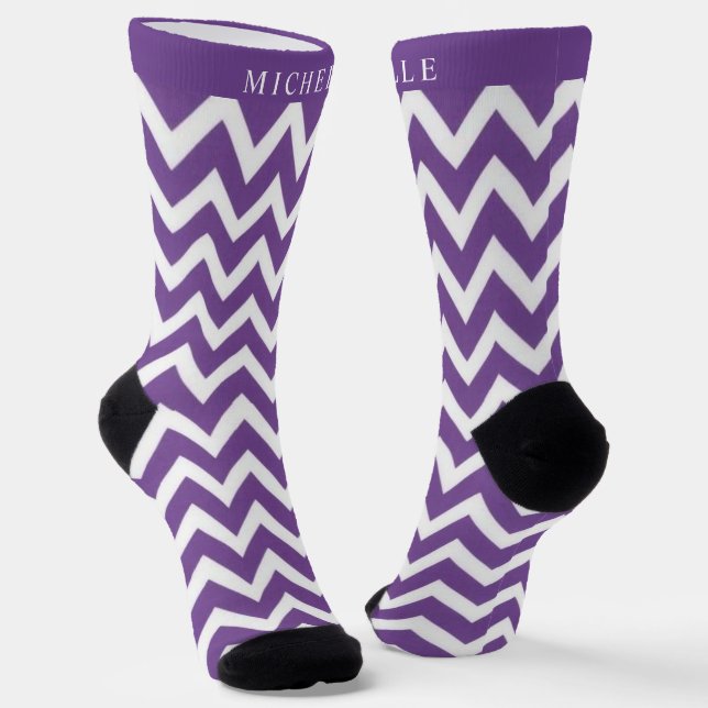 Custom Dark Violet Purple White Chevron Pattern Socks (Angled)