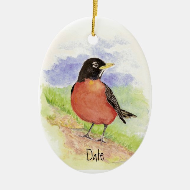 Custom Date, American Robin  Christmas Ornament (Front)