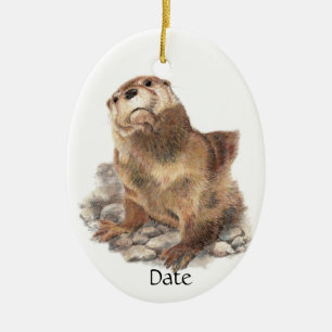 Custom Date Cute River Otter, Nature Animal Ceramic Ornament