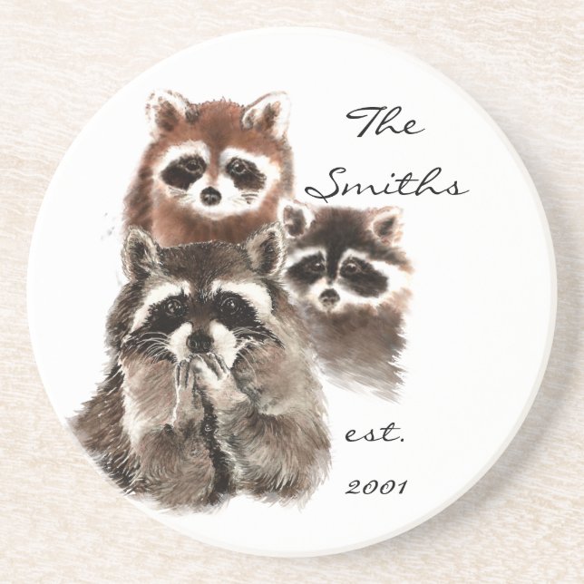 Custom Date Monogram Family Cute Raccoons Coaster (Front)