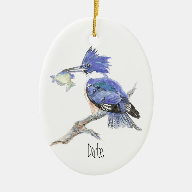 Custom Date or Text Christmas Kingfisher  Bird Ceramic Ornament (Front)