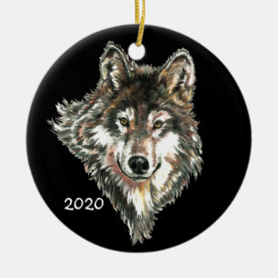 Custom Date or Text Wolf Head logo Watercolor art Ceramic Tree Decoration