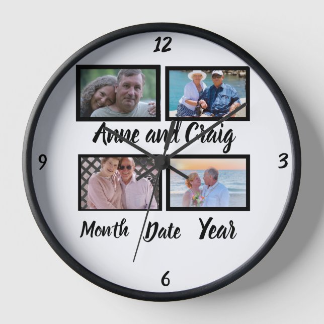 Custom Date Wedding Anniversary 4 Photo Collage Clock (Front)