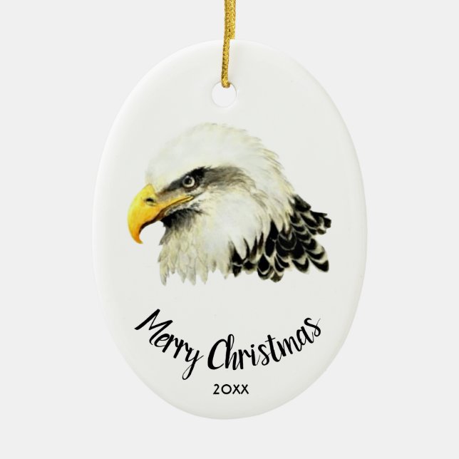 Custom Dated Bald Eagle Owl Bird Merry Christmas Ceramic Ornament (Front)