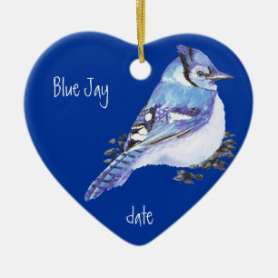 Custom Dated Blue Jay Bird Animal Ceramic Tree Decoration