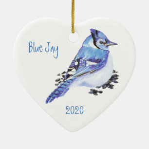 Custom Dated Blue Jay Bird Watercolor Art Ceramic Tree Decoration