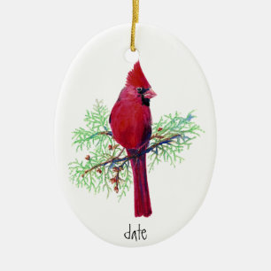 Custom Dated Cardinal Bird Nature Ceramic Tree Decoration