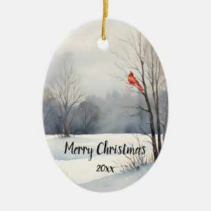 Custom Dated Cardinal Red Bird Christmas  Ceramic Ornament
