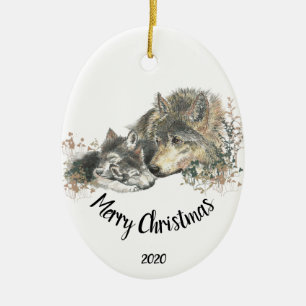 Custom Dated Caring Wolf & Cub caregiving animal Ceramic Tree Decoration