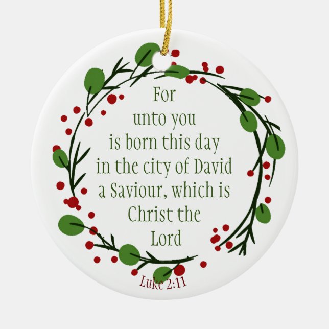 Custom Dated Christian Christmas Scripture Wreath Ceramic Ornament (Front)