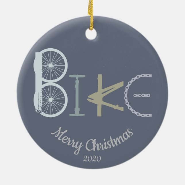 Custom Dated Christmas Bike Word From Parts Ceramic Ornament (Back)