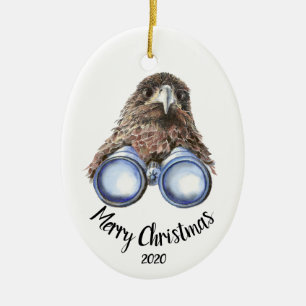 Custom Dated Christmas Bird-Watcher Hawk Fun Ceramic Tree Decoration