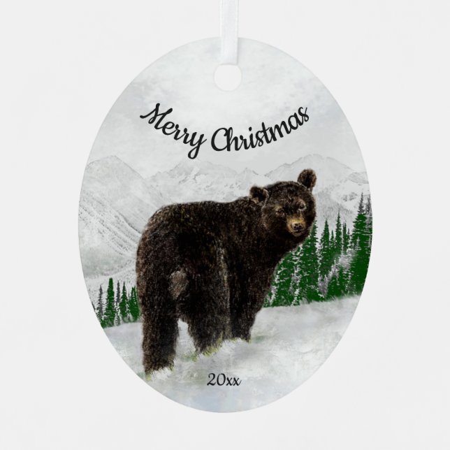 Custom Dated Christmas Black Bear Animal  Metal Tree Decoration (Front)