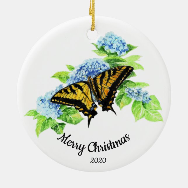 Custom Dated Christmas Butterfly Hydrengea Flower Ceramic Ornament (Back)