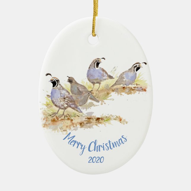 Custom Dated Christmas California Quail Bird Art Ceramic Ornament (Front)