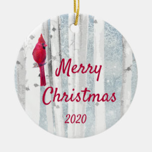 Custom Dated Christmas Cardinal Bird Birch Tree Ceramic Tree Decoration