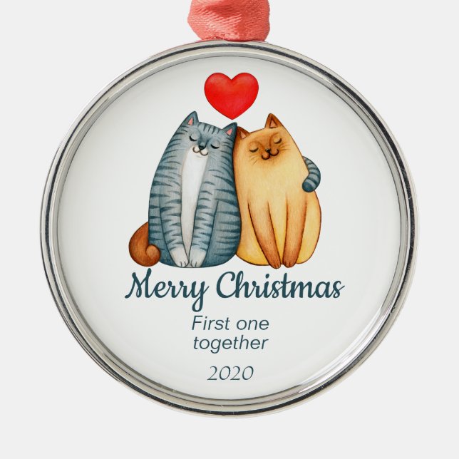 Custom Dated Christmas Cats First One Together  Metal Ornament (Front)