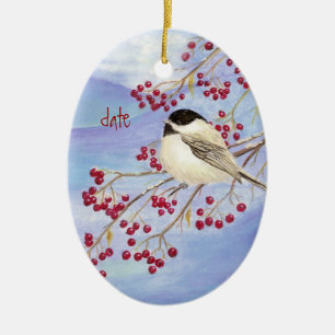 Custom Dated Christmas Chickadee Bird & Berries Ceramic Ornament