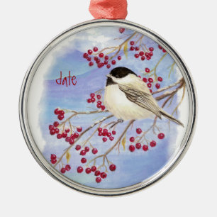Custom Dated Christmas Chickadee Bird & Berries Metal Ornament