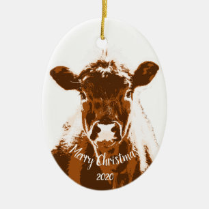Custom Dated Christmas Cow Farm Animal Ceramic Ornament