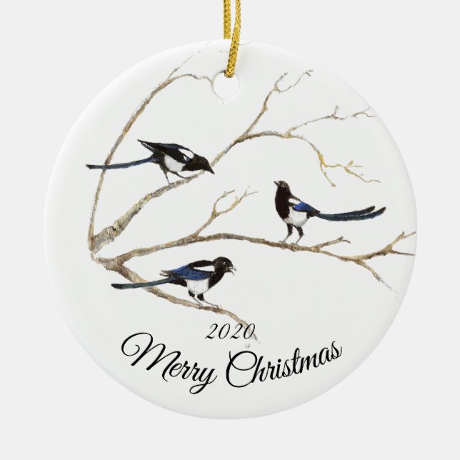 Custom Dated Christmas Curious Magpie Garden Bird Ceramic Ornament (Front)