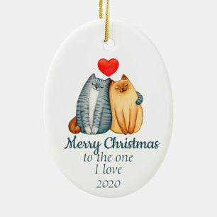 Custom Dated Christmas Cute Cats One I Love Ceramic Ornament