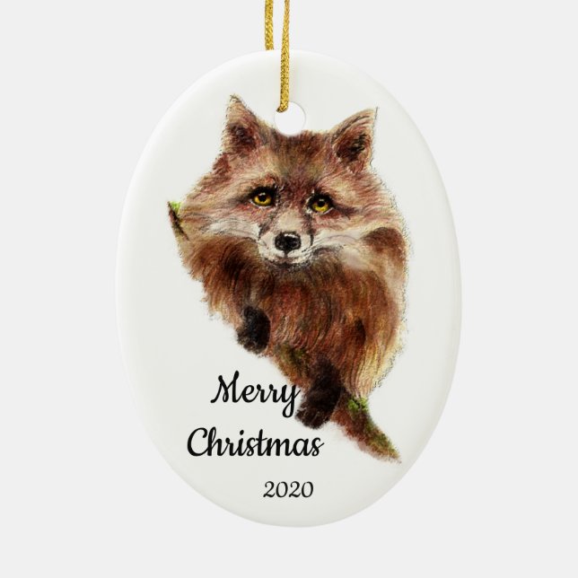 Custom Dated Christmas Cute Red Fox Animal Ceramic Tree Decoration (Back)