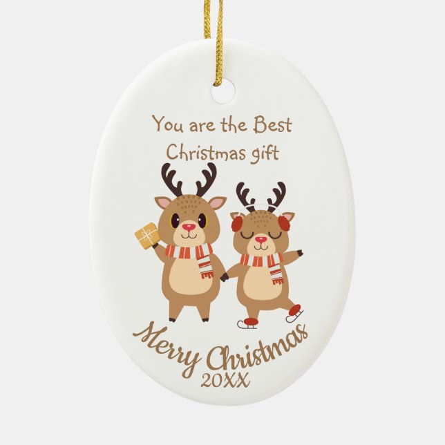Custom Dated Christmas Cute Reindeers Friends  Cer Ceramic Ornament (Back)