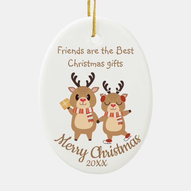Custom Dated Christmas Cute Reindeers Friends  Ceramic Ornament (Back)