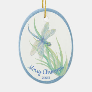 Custom Dated Christmas Dragonfly Watercolor art Ceramic Tree Decoration