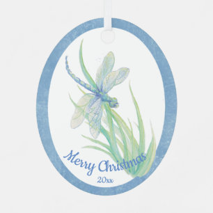 Custom Dated Christmas Dragonfly Watercolor art Metal Tree Decoration