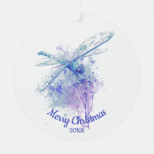 Custom Dated Christmas Dragonfly Watercolor art  Metal Tree Decoration