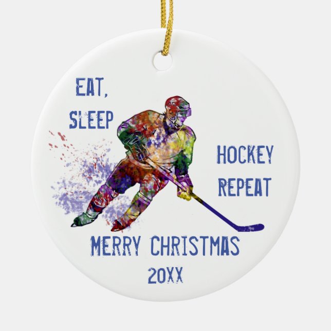 Custom Dated Christmas Eat Sleep Hockey Repeat Fun Ceramic Ornament (Front)