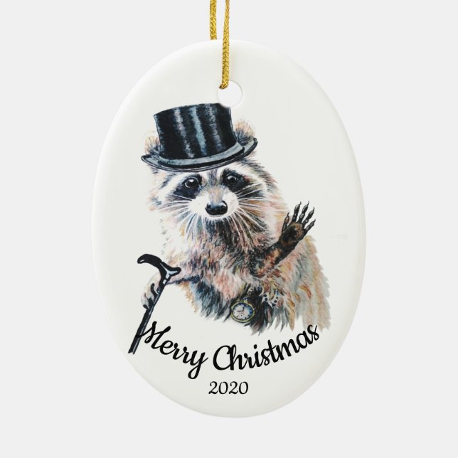 Custom Dated Christmas Formal Racoon Fun Ceramic Ornament (Back)