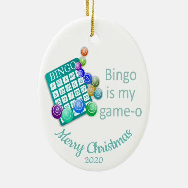 Custom Dated Christmas Fun Bingo Quote Ceramic Ornament (Back)