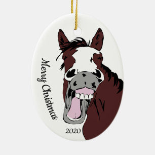 Custom Dated Christmas Fun Horse Cartoon Animal Ceramic Ornament