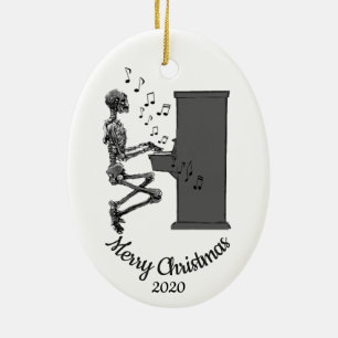 Custom Dated Christmas Fun Skeleton Playing Piano Ceramic Ornament