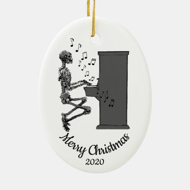 Custom Dated Christmas Fun Skeleton Playing Piano Ceramic Ornament (Back)