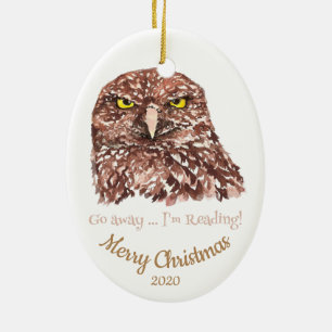 Custom Dated Christmas Go Away Reading Owl Fun Ceramic Ornament