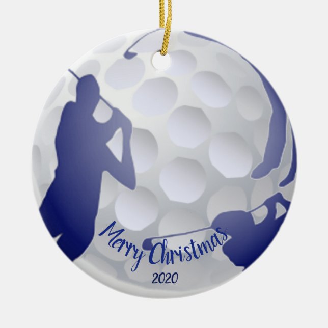 Custom Dated Christmas Golfing Golfer Fun Ceramic Tree Decoration (Front)