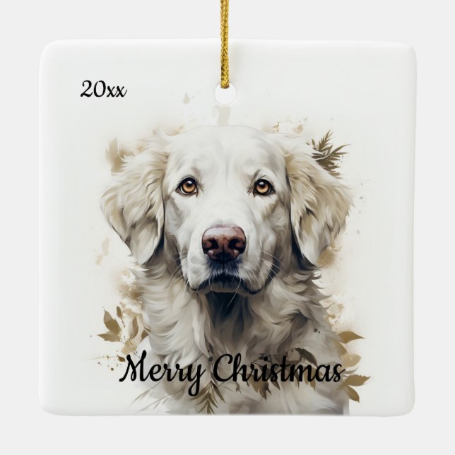 Custom Dated Christmas Great Pyrenees Dog Pet  Ceramic Ornament (Back)