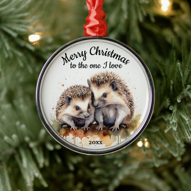 Custom Dated Christmas Hedgehogs One I Love Metal Ornament (Tree)