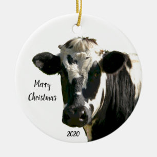 Custom Dated Christmas Holstein Cow Farm Ceramic Ornament