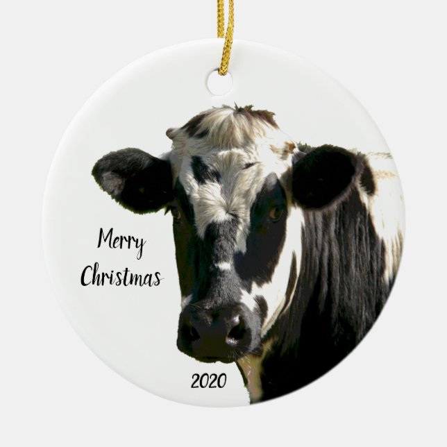 Custom Dated Christmas Holstein Cow Farm Ceramic Ornament (Front)