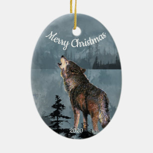 Custom Dated Christmas Howling Wolf Watercolor Art Ceramic Tree Decoration