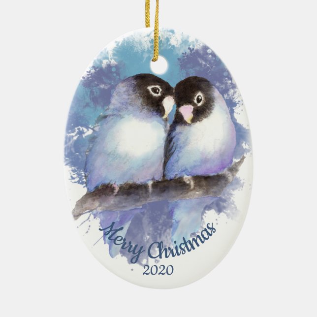Custom Dated Christmas Love Bird Couple Ceramic Ornament (Back)