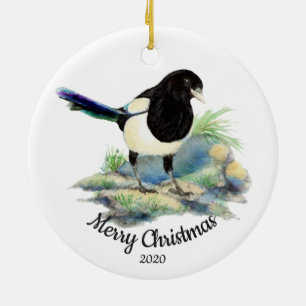 Custom Dated Christmas Magpie Garden Bird Ceramic Tree Decoration