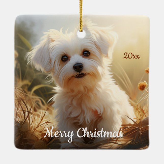 Custom Dated Christmas Maltese Dog Pet Animal Ceramic Ornament (Back)