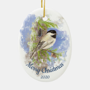 Custom Dated Christmas Mountain Chickadee Bird Ceramic Ornament