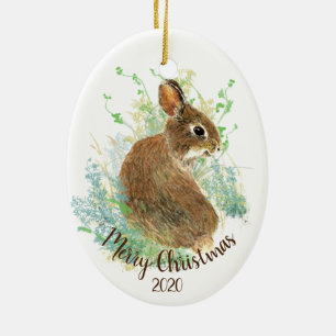 Custom Dated Christmas Plant Cute Bunny Rabbit Ceramic Ornament